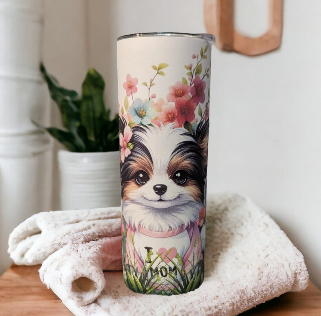 I Love Mom Papillon Dog Tumbler 20oz With Reusable Straw, Can Be Personalized