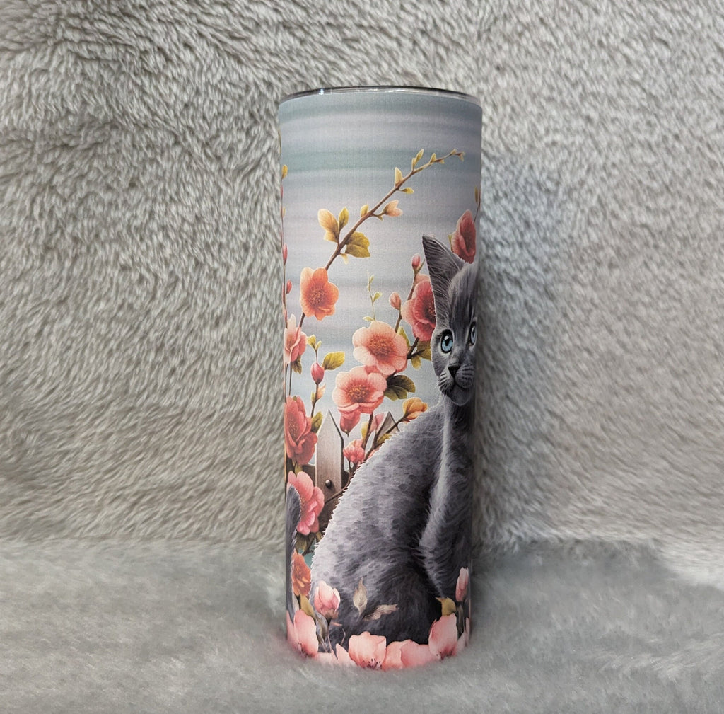 Gray Kitten / Cat With Flowers Tumbler 20oz With Reusable Straw, Can Be Personalized