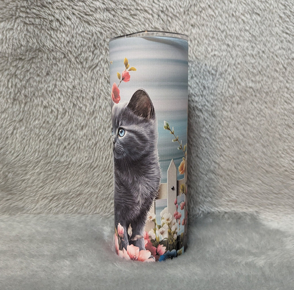 Gray Kitten / Cat With Flowers Tumbler 20oz With Reusable Straw, Can Be Personalized