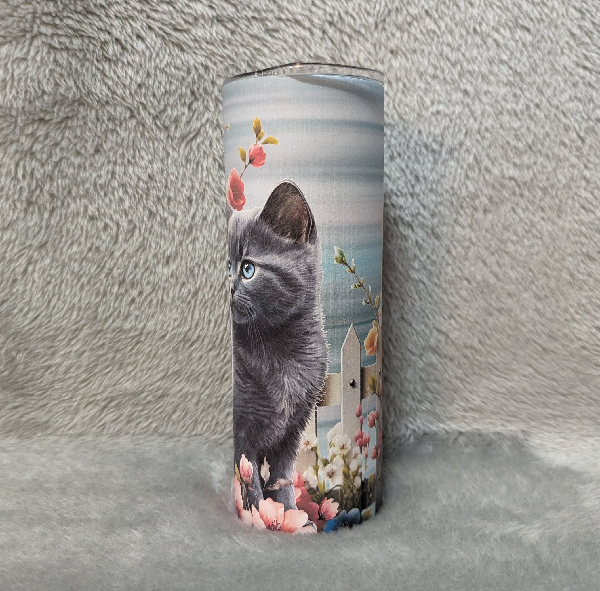 Gray Kitten / Cat With Flowers Tumbler 20oz With Reusable Straw, Can Be Personalized