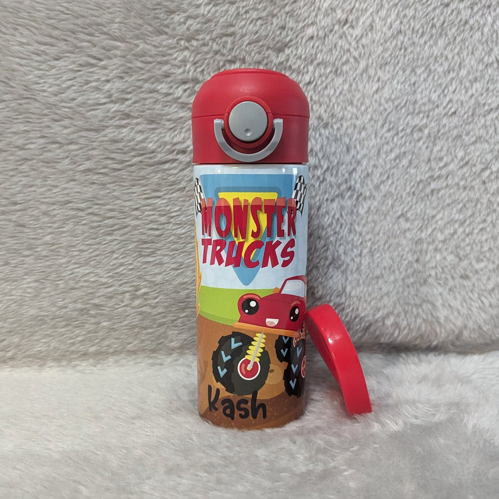Kids Monster Truck Water Bottle 12oz With Reusable Straw Can Be Personalized