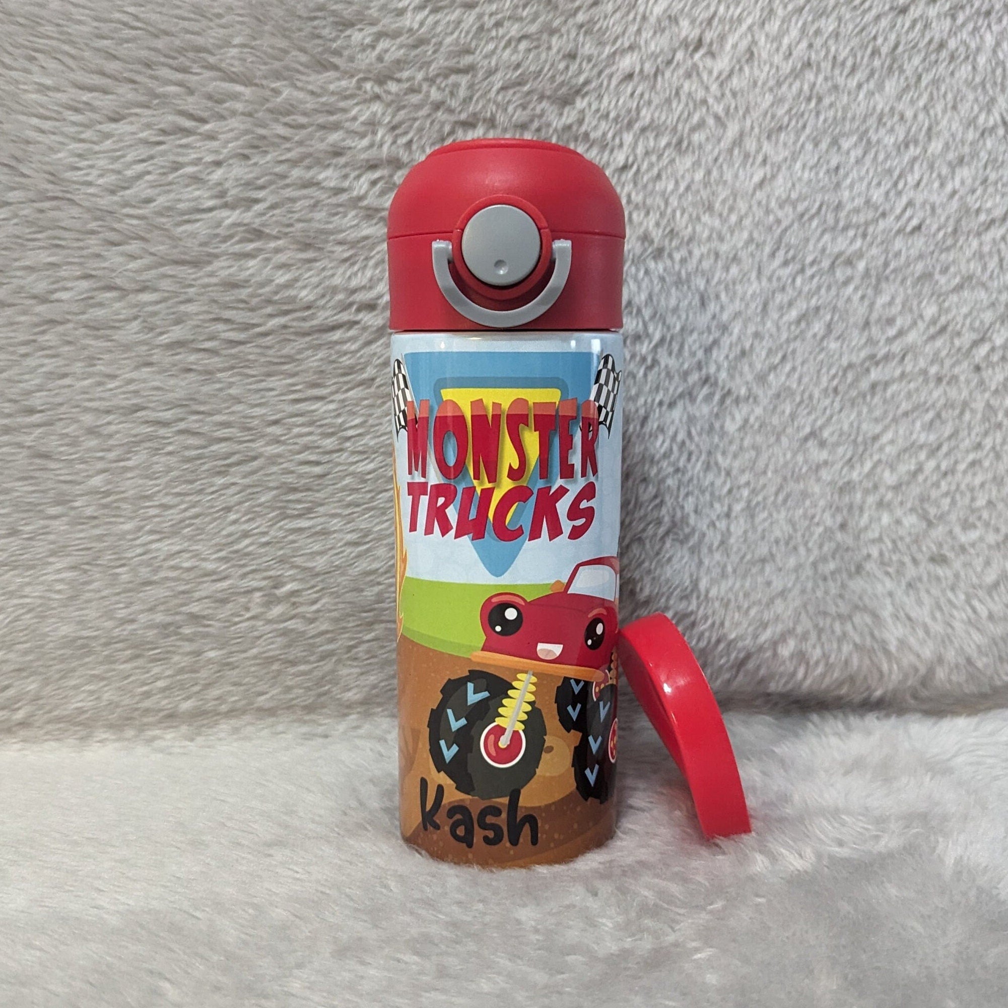 Kids Monster Truck Water Bottle 12oz With Reusable Straw Can Be Personalized