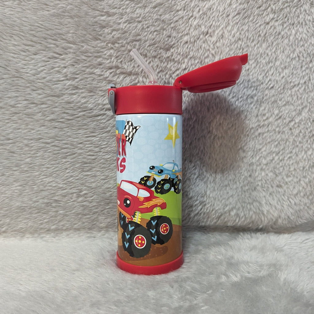 Kids Monster Truck Water Bottle 12oz With Reusable Straw Can Be Personalized