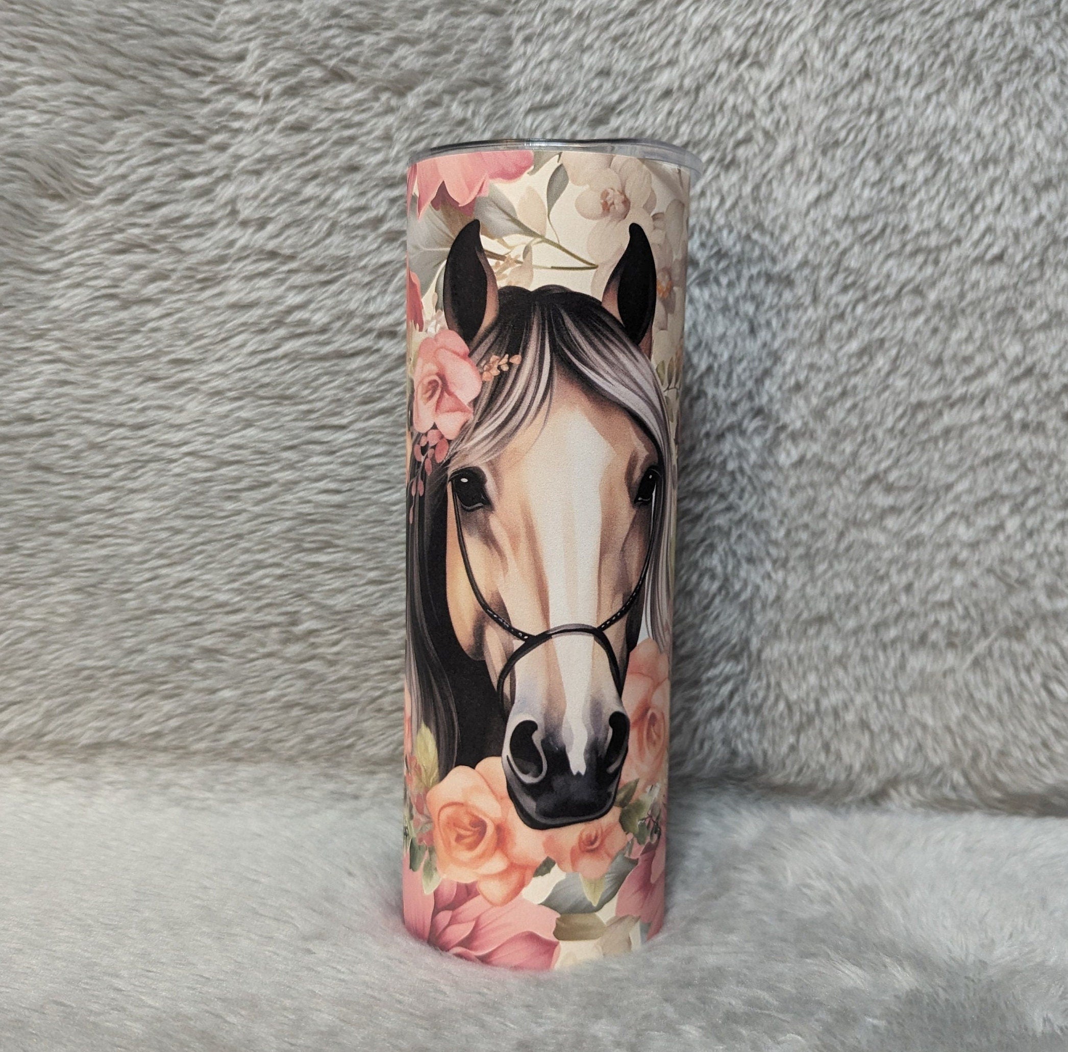 Horse Tumbler With Horse and Pretty Flowers Includes Reusable Straw, Can Be Personalized, Cup With Name, Horse Gift, 20oz Tumbler