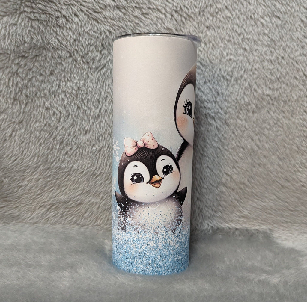 Penguin Tumbler With A Blue Glitter Design 20oz With Reusable Straw, Can Be Personalized