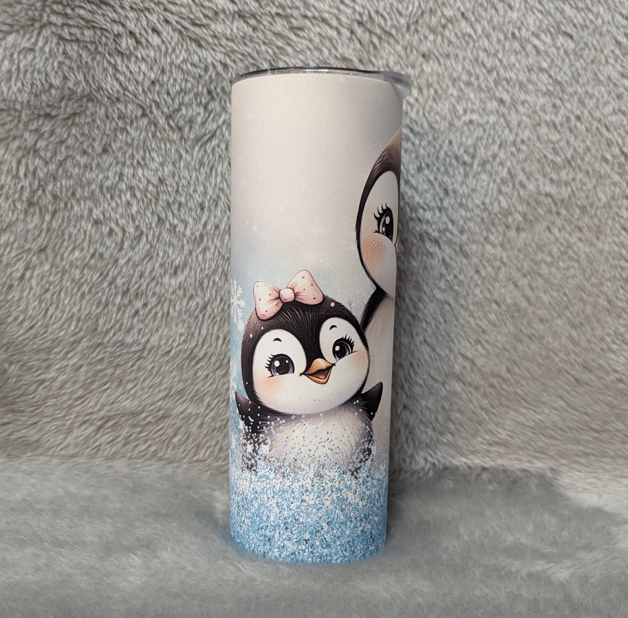 Penguin Tumbler With A Blue Glitter Design 20oz With Reusable Straw, Can Be Personalized