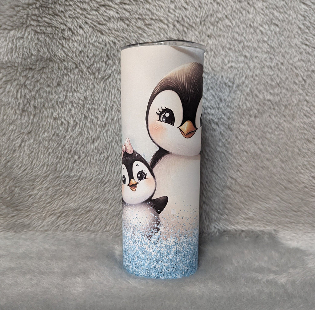 Penguin Tumbler With A Blue Glitter Design 20oz With Reusable Straw, Can Be Personalized