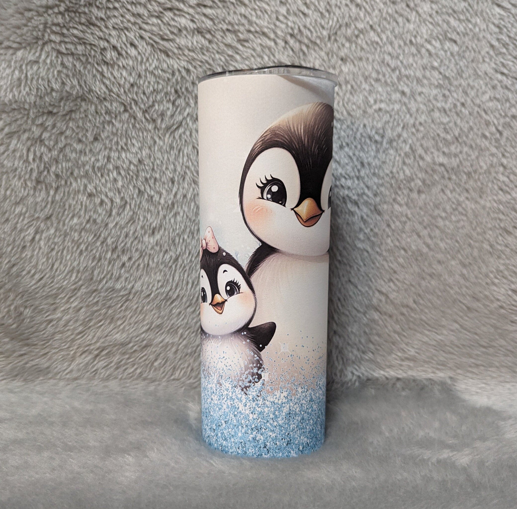 Penguin Tumbler With A Blue Glitter Design 20oz With Reusable Straw, Can Be Personalized