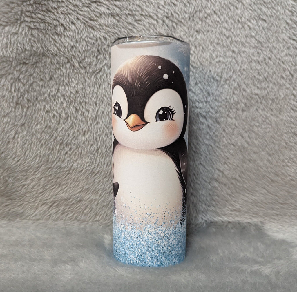 Penguin Tumbler With A Blue Glitter Design 20oz With Reusable Straw, Can Be Personalized