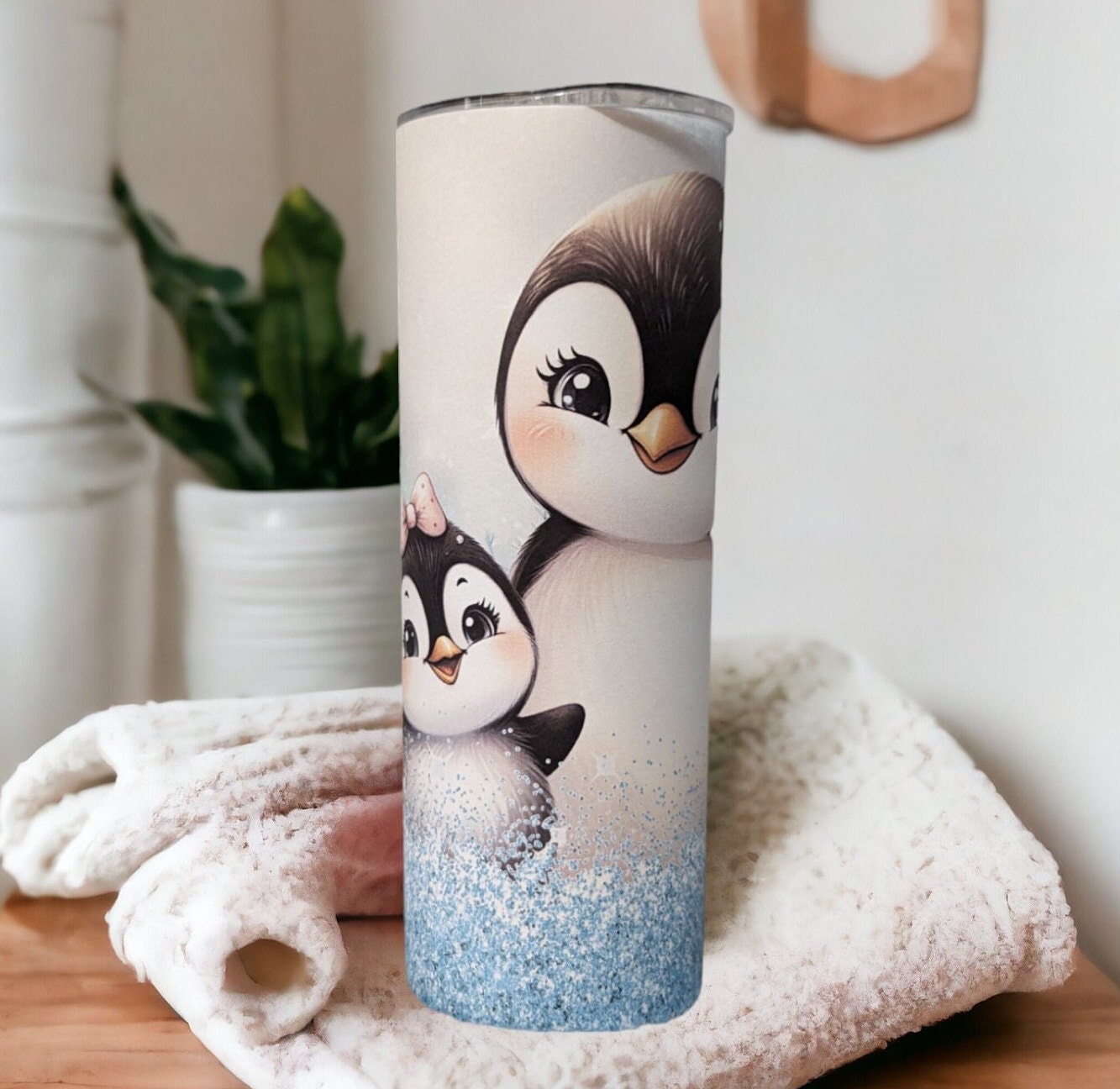 Penguin Tumbler With A Blue Glitter Design 20oz With Reusable Straw, Can Be Personalized