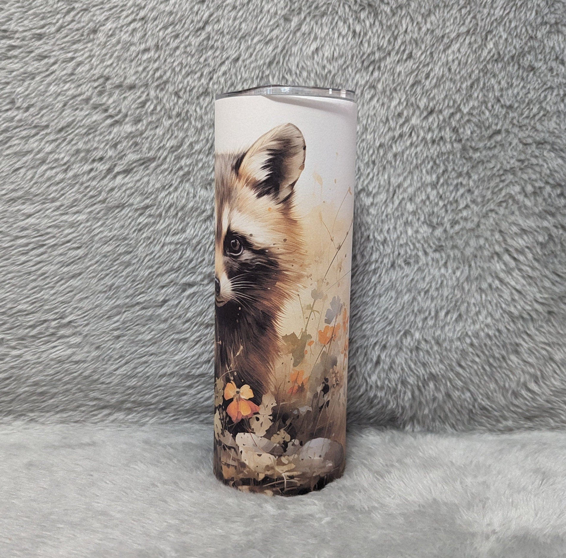 Raccoon Tumbler With A Water Color Design 20oz With Reusable Straw, Can Be Personalized