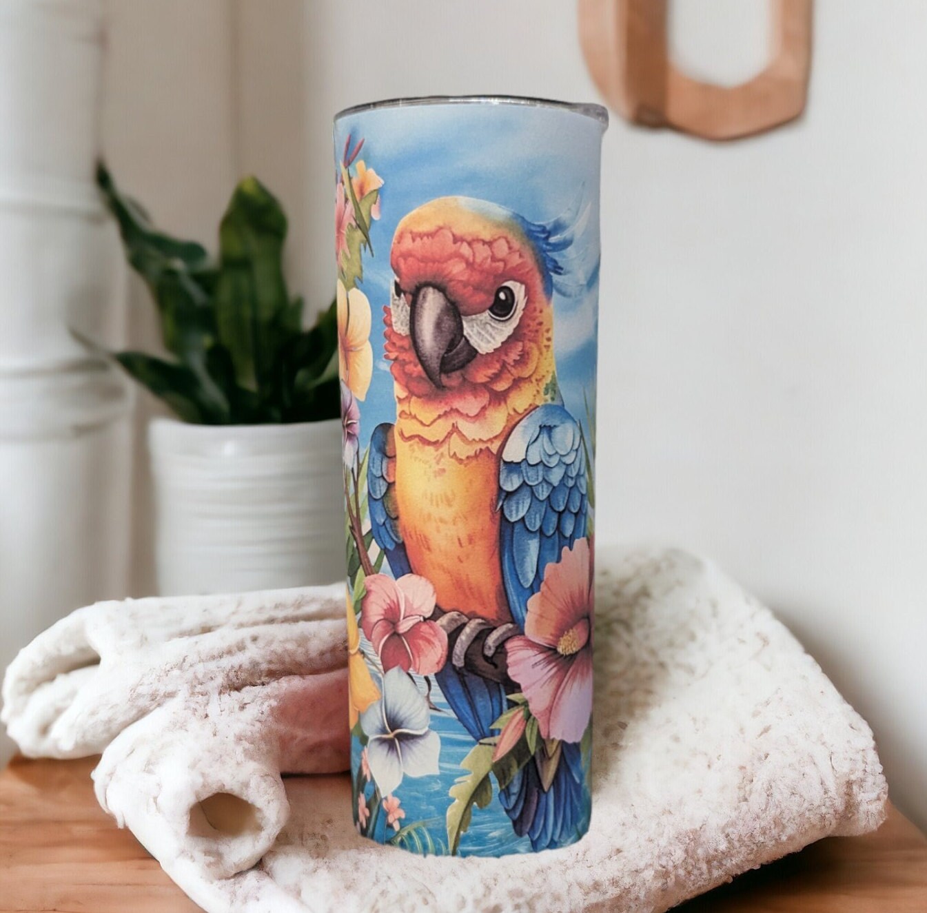 Pretty Parrot Tumbler 20oz With Reusable Straw, Can Be Personalized