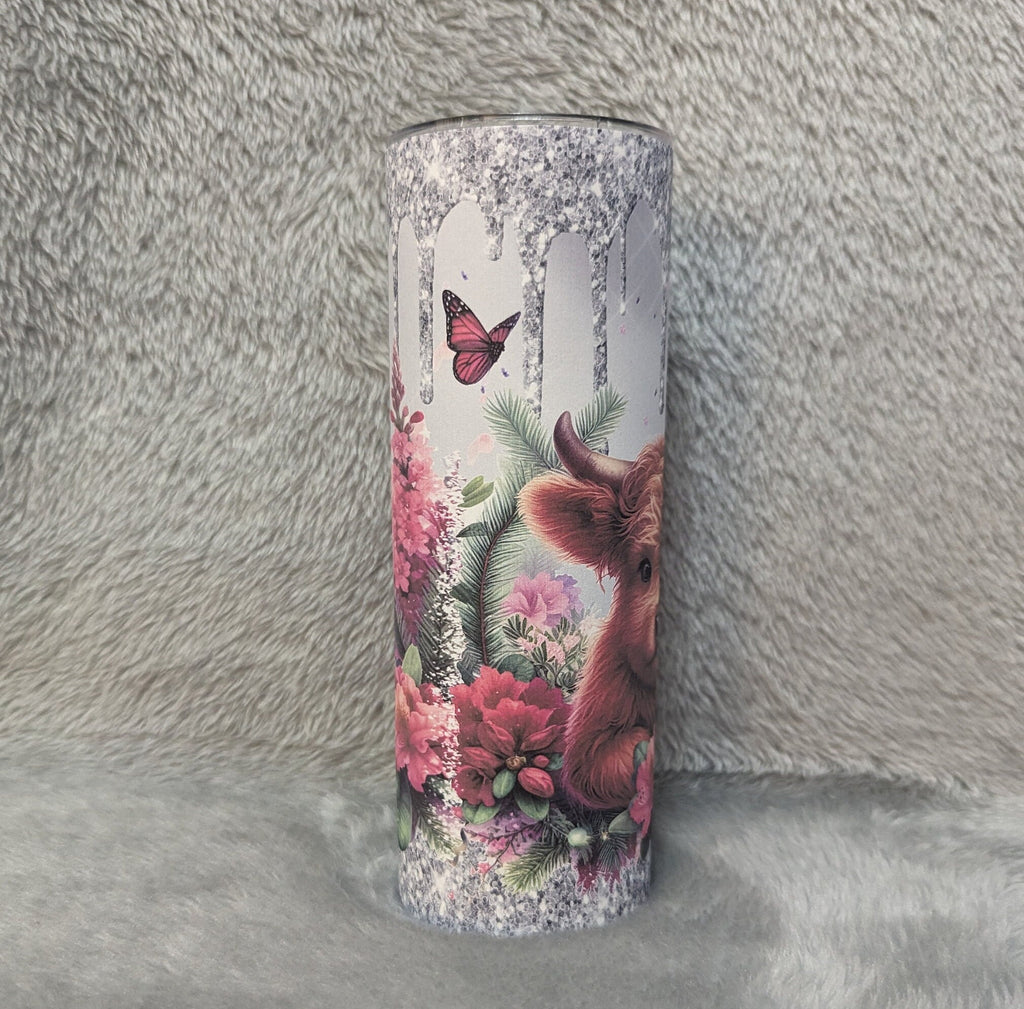 Highland Cow Tumbler With A Glitter Drip Design 20oz With Reusable Straw, Can Be Personalized