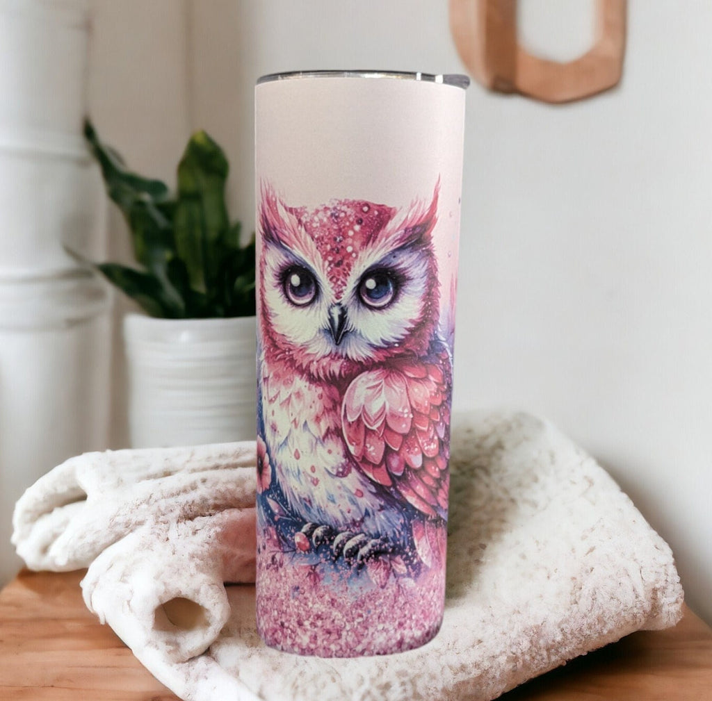 Pink Owl Tumbler With A Glitter Design 20oz With Reusable Straw, Can Be Personalized