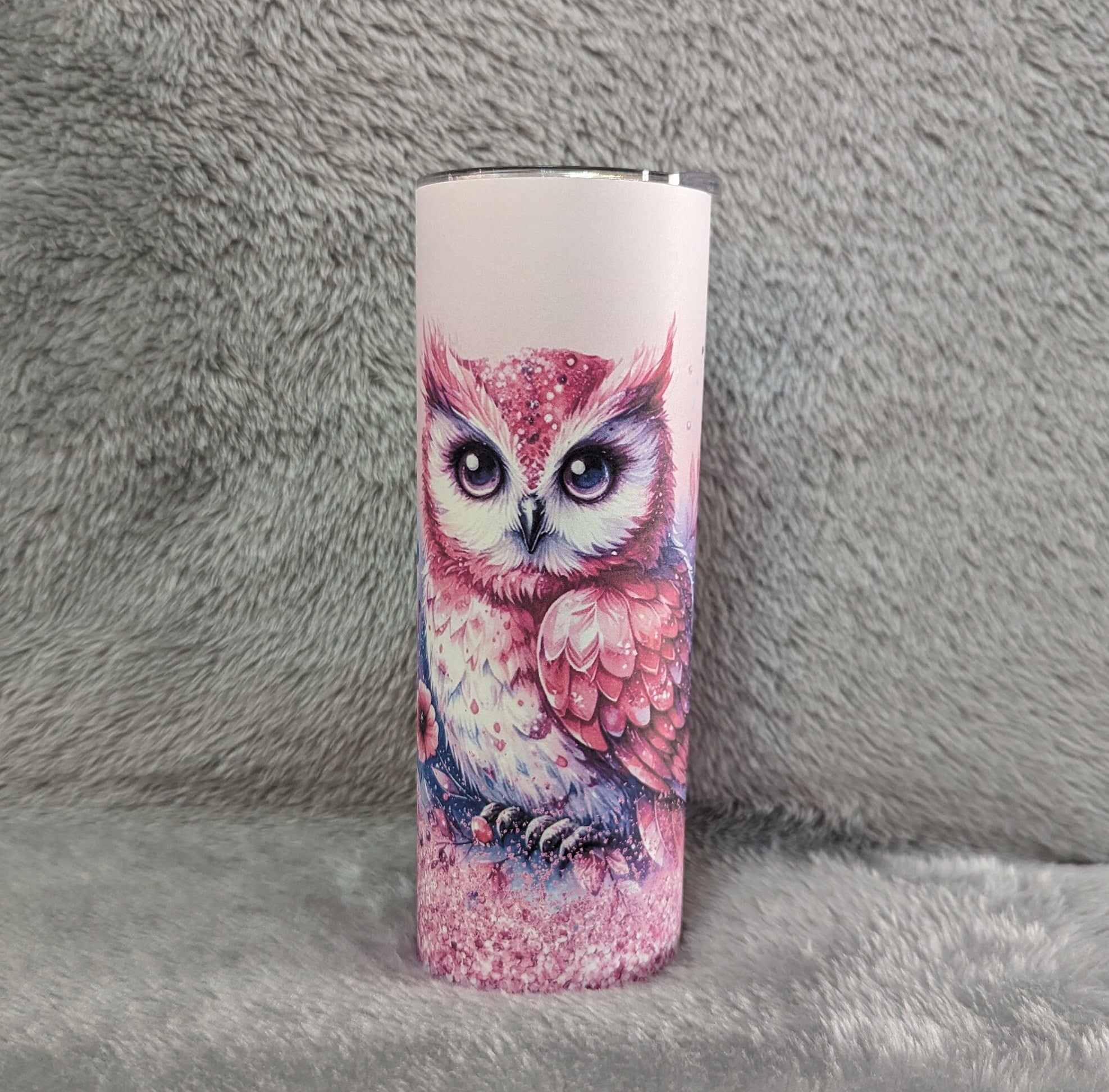Pink Owl Tumbler With A Glitter Design 20oz With Reusable Straw, Can Be Personalized
