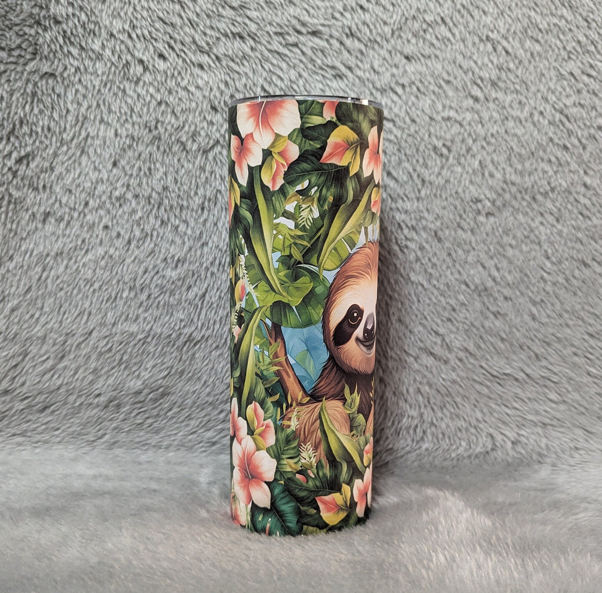 Sloth with Hibiscus Flowers Tumbler 20oz With Reusable Straw, Can Be Personalized