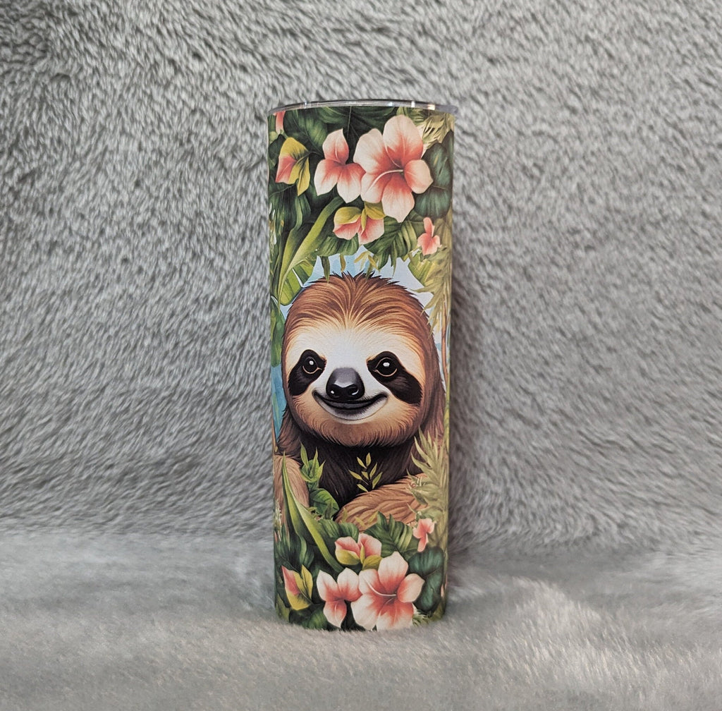 Sloth with Hibiscus Flowers Tumbler 20oz With Reusable Straw, Can Be Personalized