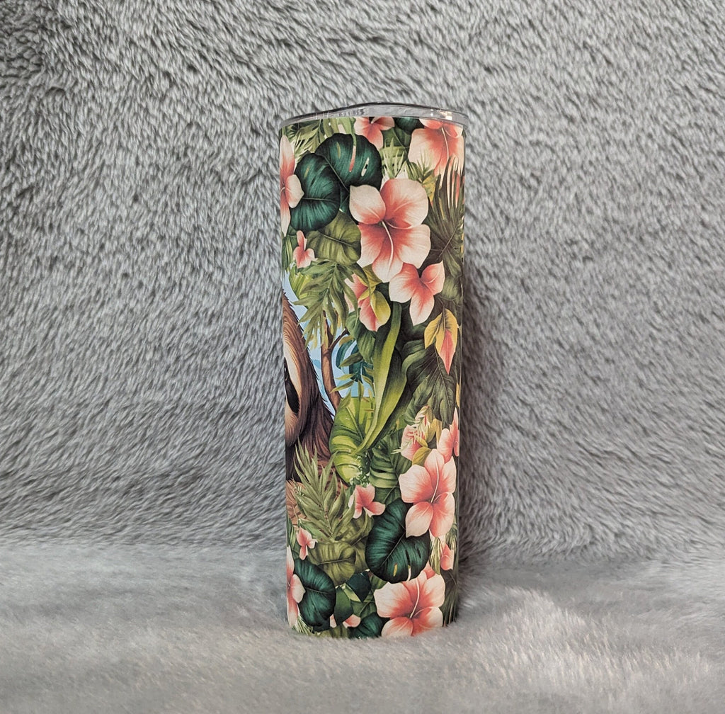 Sloth with Hibiscus Flowers Tumbler 20oz With Reusable Straw, Can Be Personalized