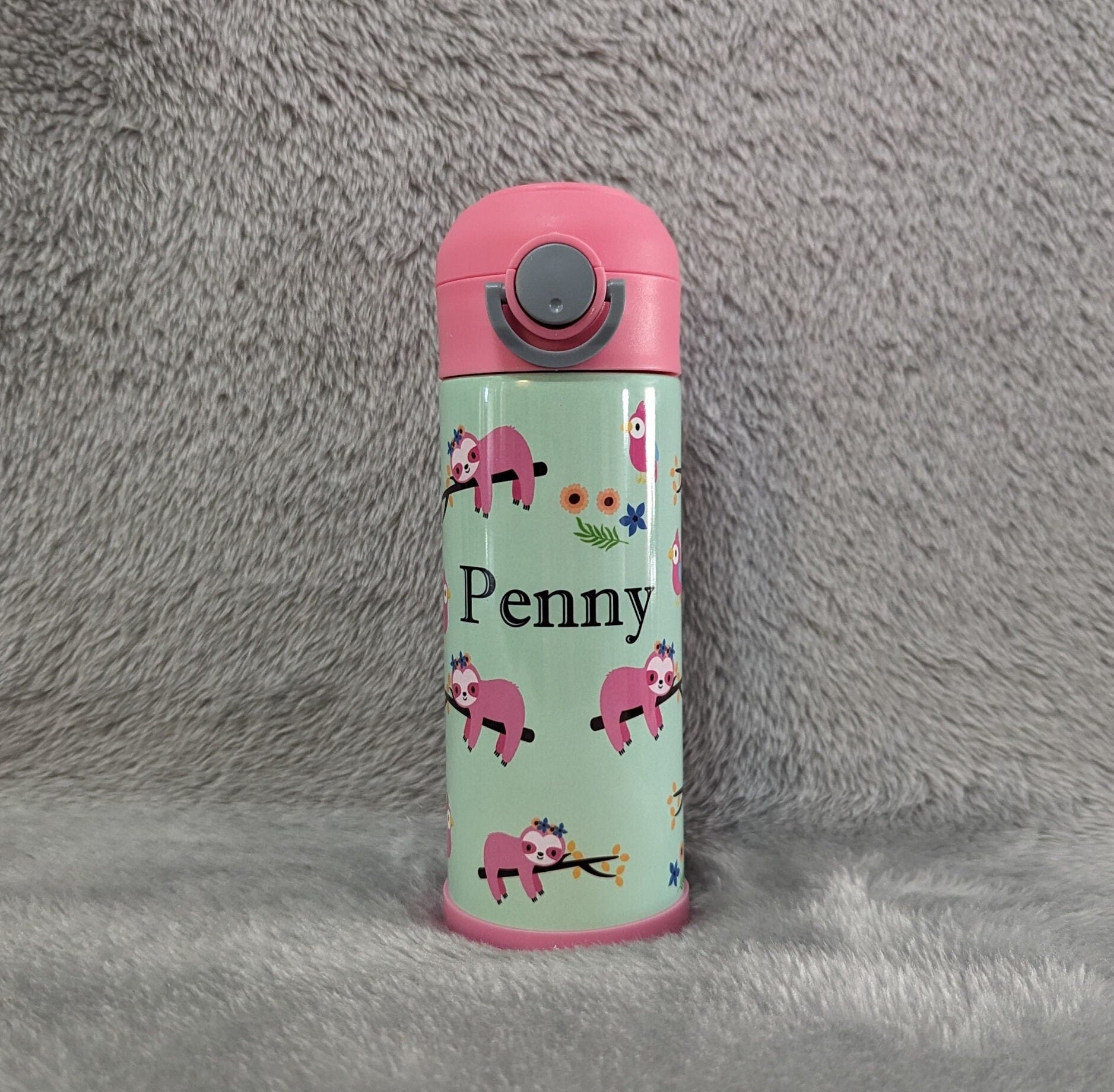 Kids Sloth Water Bottle 12oz With Reusable Straw Can Be Personalized
