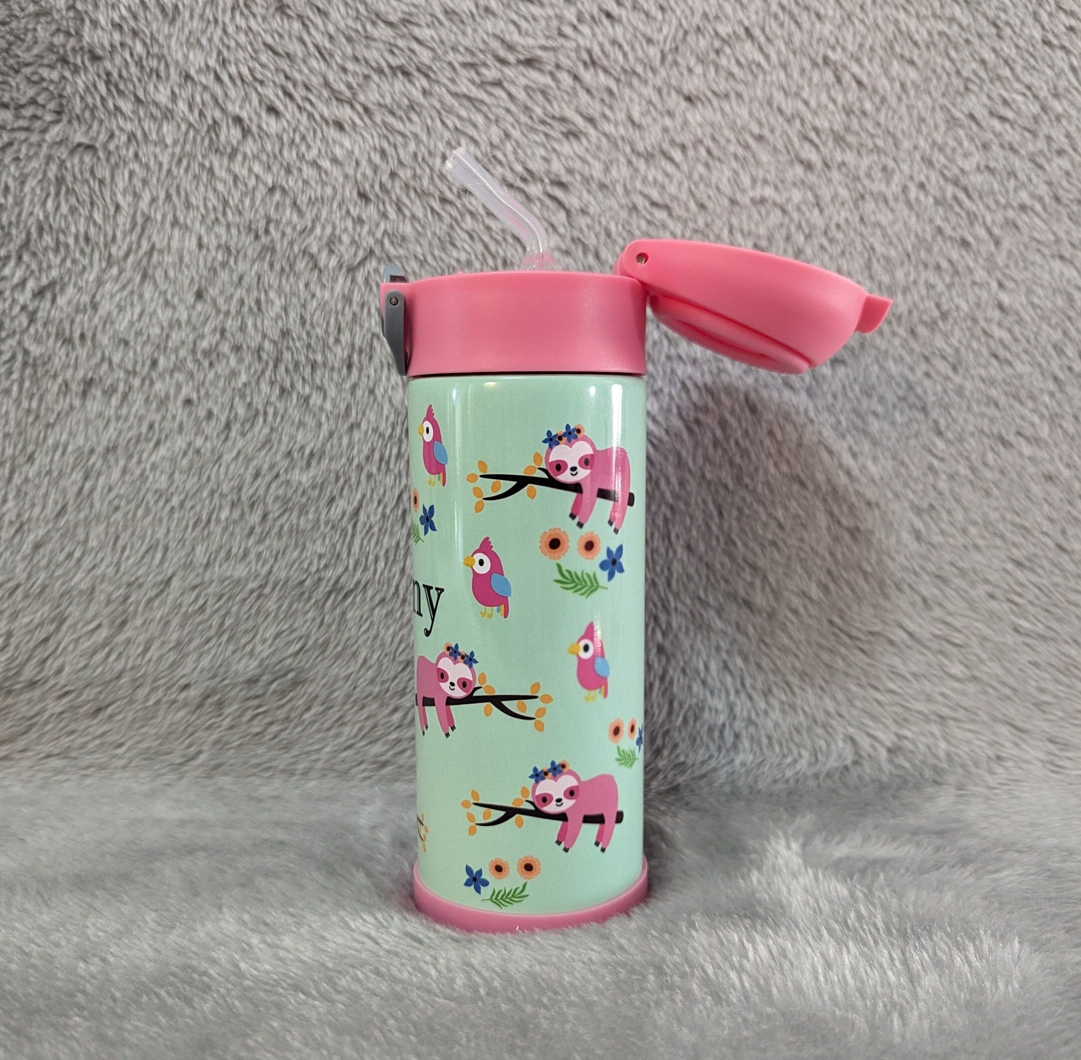 Kids Sloth Water Bottle 12oz With Reusable Straw Can Be Personalized