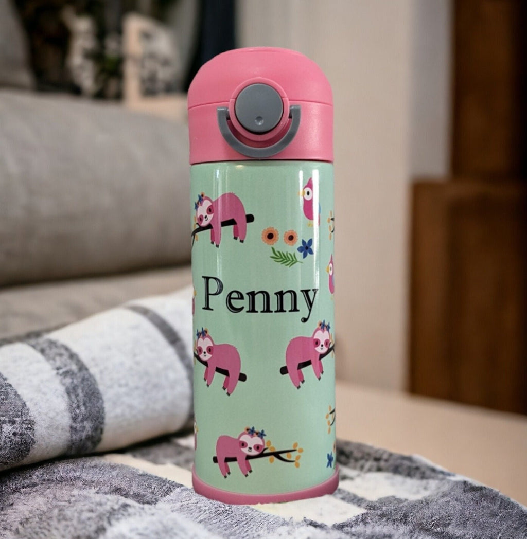 Kids Sloth Water Bottle 12oz With Reusable Straw Can Be Personalized