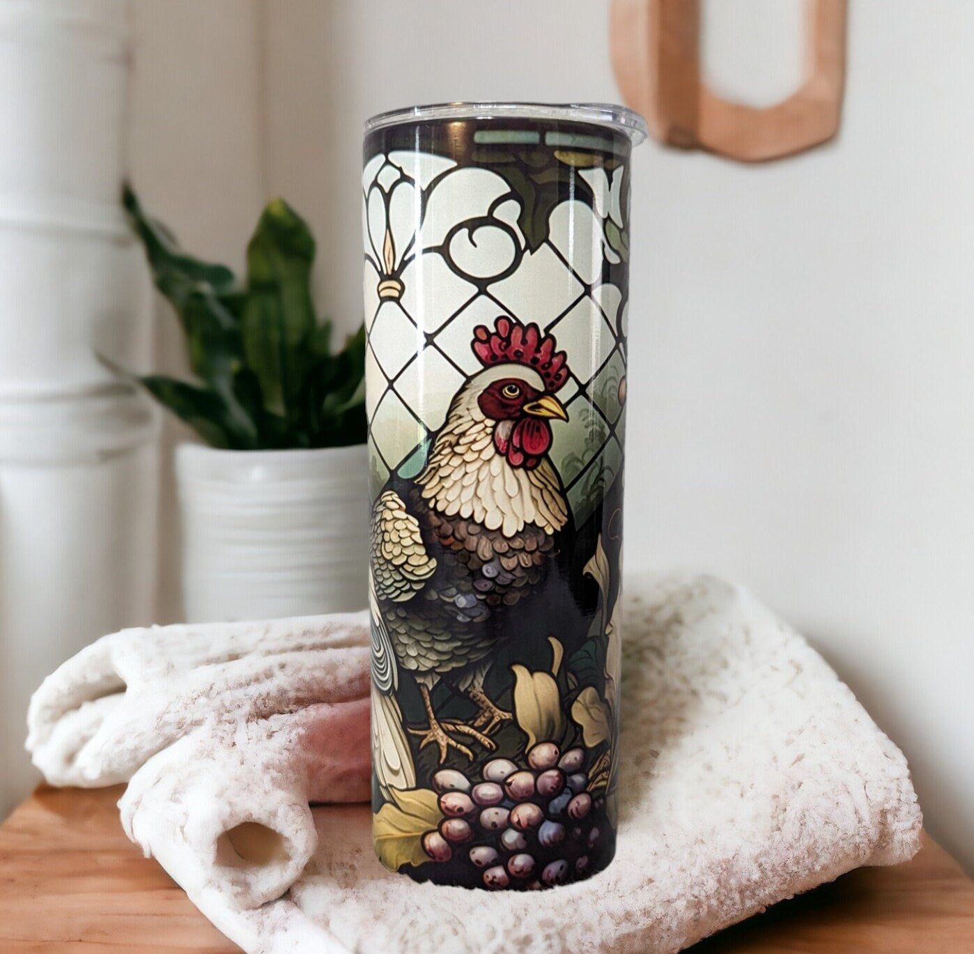 Rooster and Chicken Tumbler With A Stained Glass Design 20oz With Reusable Straw, Can Be Personalized