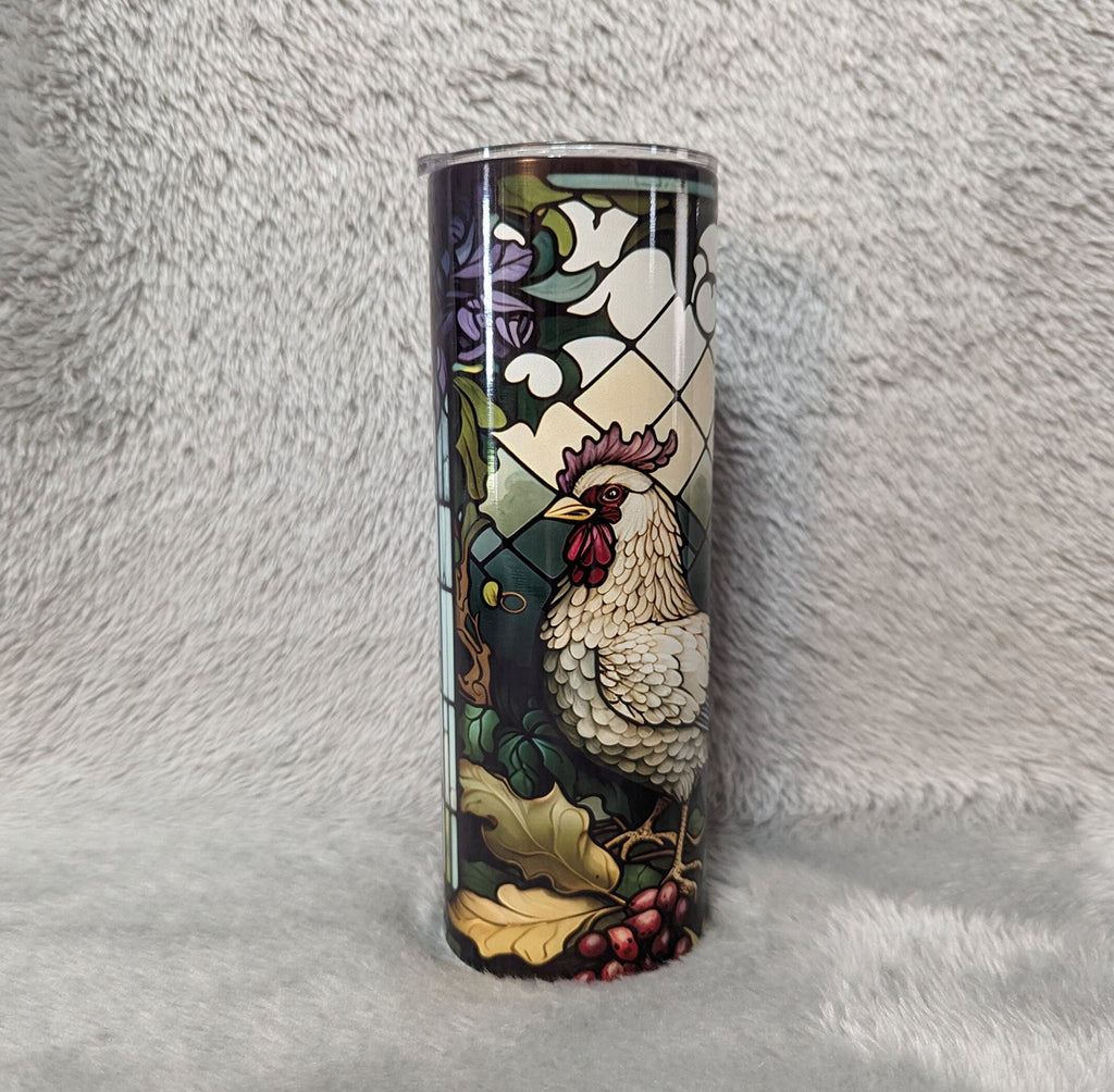 Rooster and Chicken Tumbler With A Stained Glass Design 20oz With Reusable Straw, Can Be Personalized