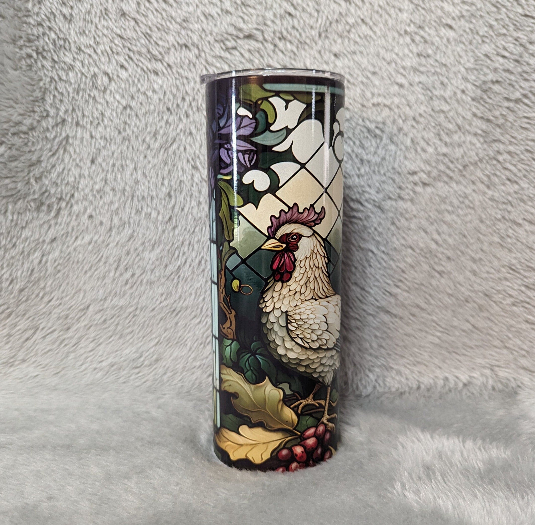 Rooster and Chicken Tumbler With A Stained Glass Design 20oz With Reusable Straw, Can Be Personalized
