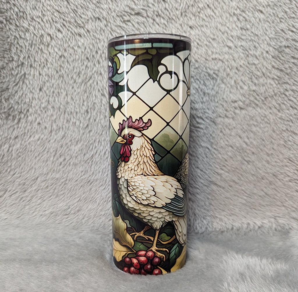 Rooster and Chicken Tumbler With A Stained Glass Design 20oz With Reusable Straw, Can Be Personalized