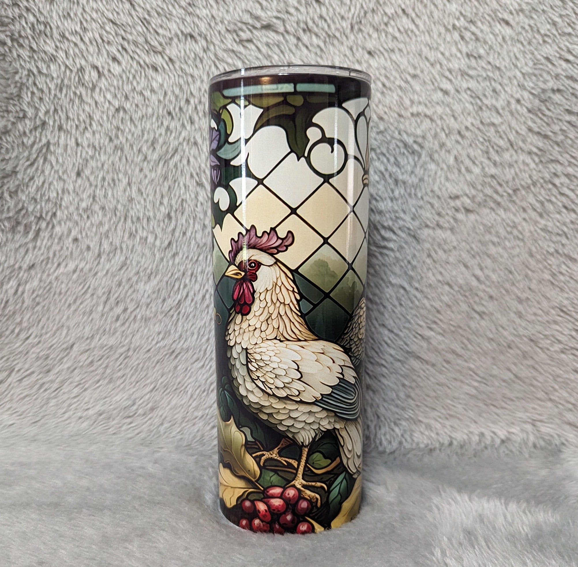 Rooster and Chicken Tumbler With A Stained Glass Design 20oz With Reusable Straw, Can Be Personalized