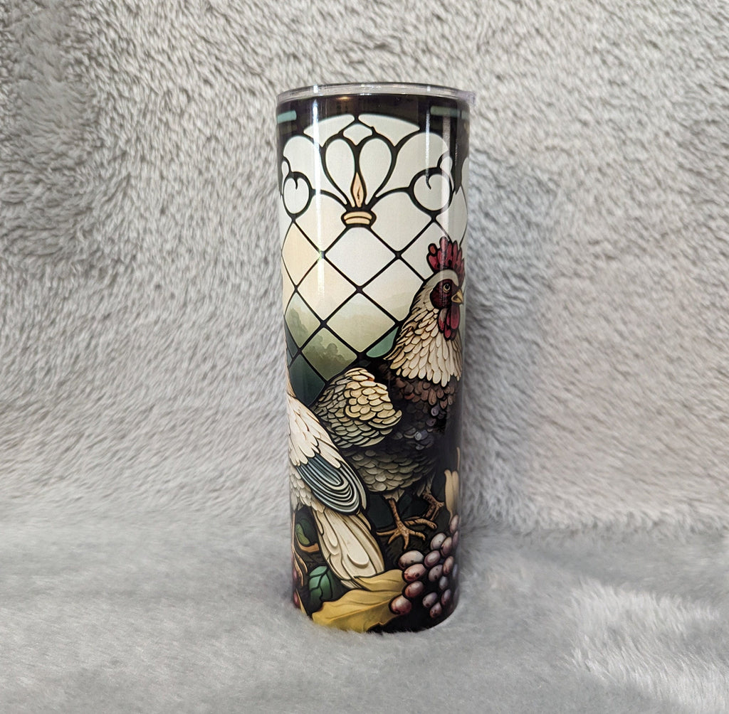 Rooster and Chicken Tumbler With A Stained Glass Design 20oz With Reusable Straw, Can Be Personalized