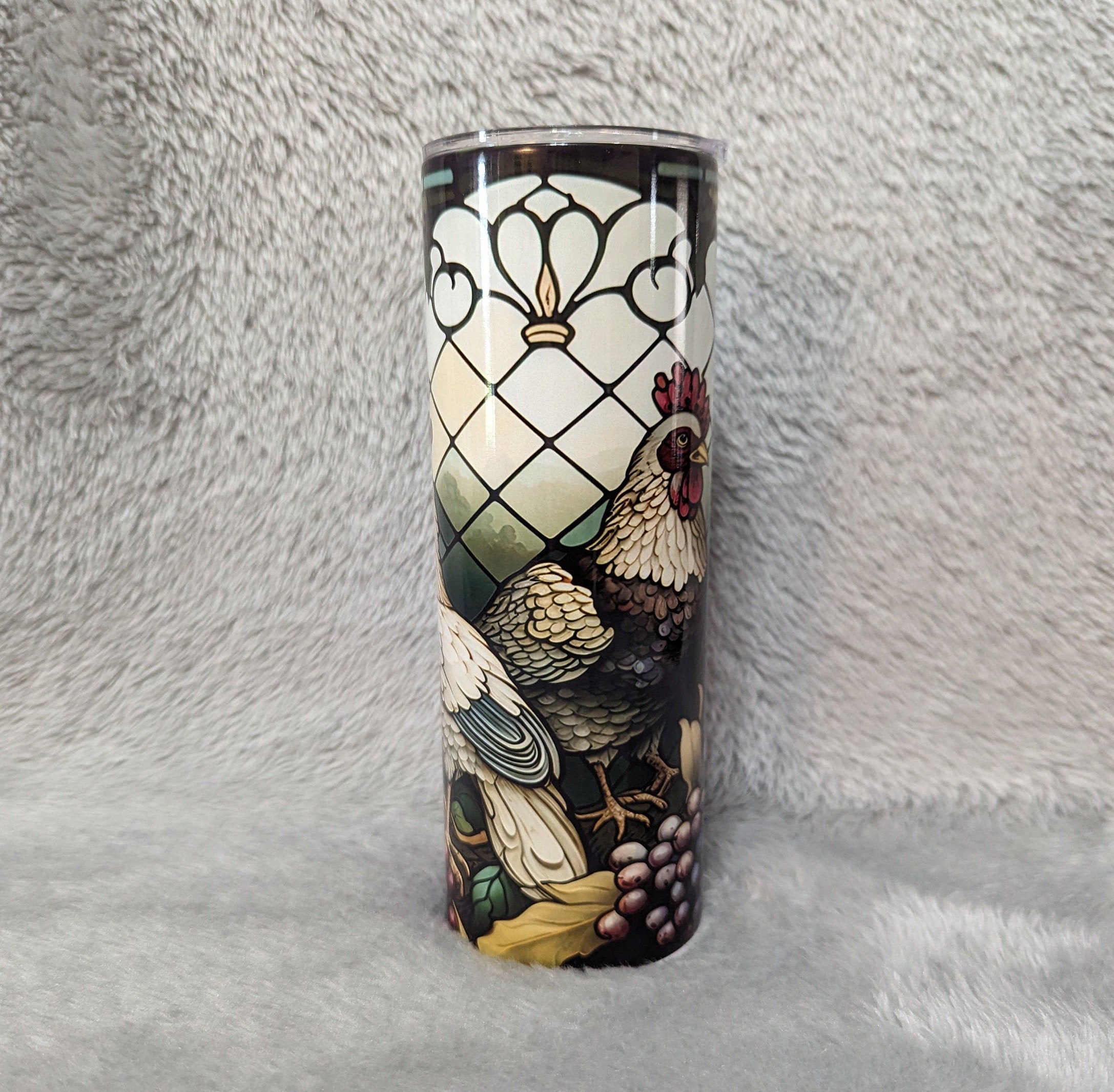 Rooster and Chicken Tumbler With A Stained Glass Design 20oz With Reusable Straw, Can Be Personalized