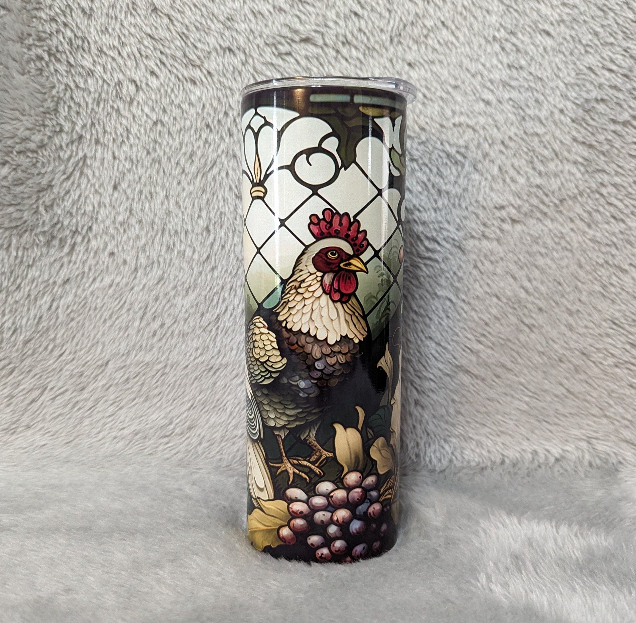 Rooster and Chicken Tumbler With A Stained Glass Design 20oz With Reusable Straw, Can Be Personalized