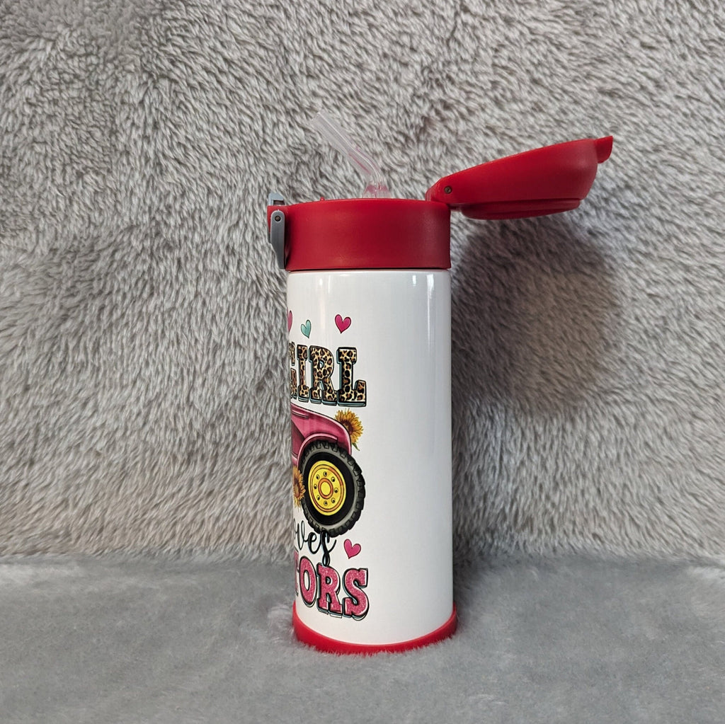 Just A Girl Who Loves Tractors Kids Water Bottle 12oz With Reusable Straw Can Be Personalized