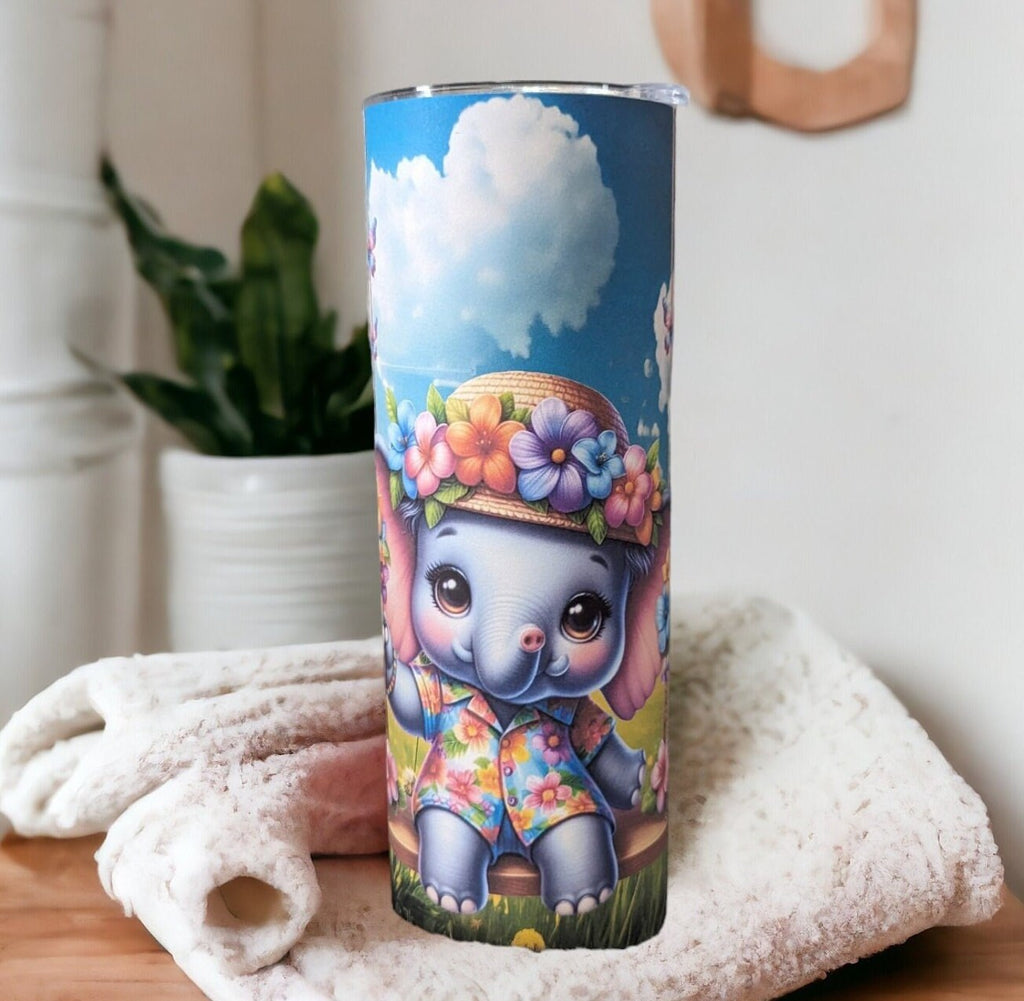 Cute Elephant Tumbler 20oz With Reusable Straw, Can Be Personalized