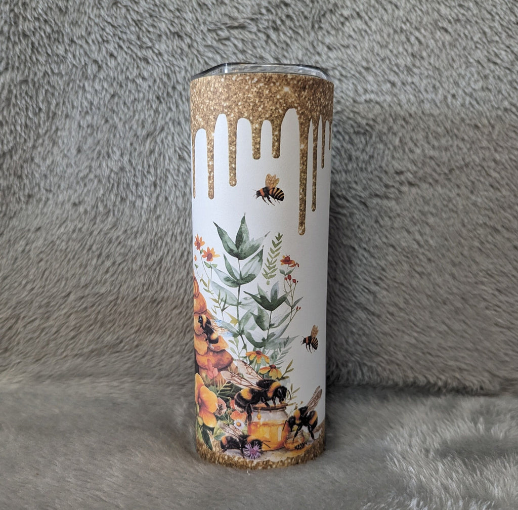 Bee Tumbler With A Glitter Design 20oz With Reusable Straw, Can Be Personalized