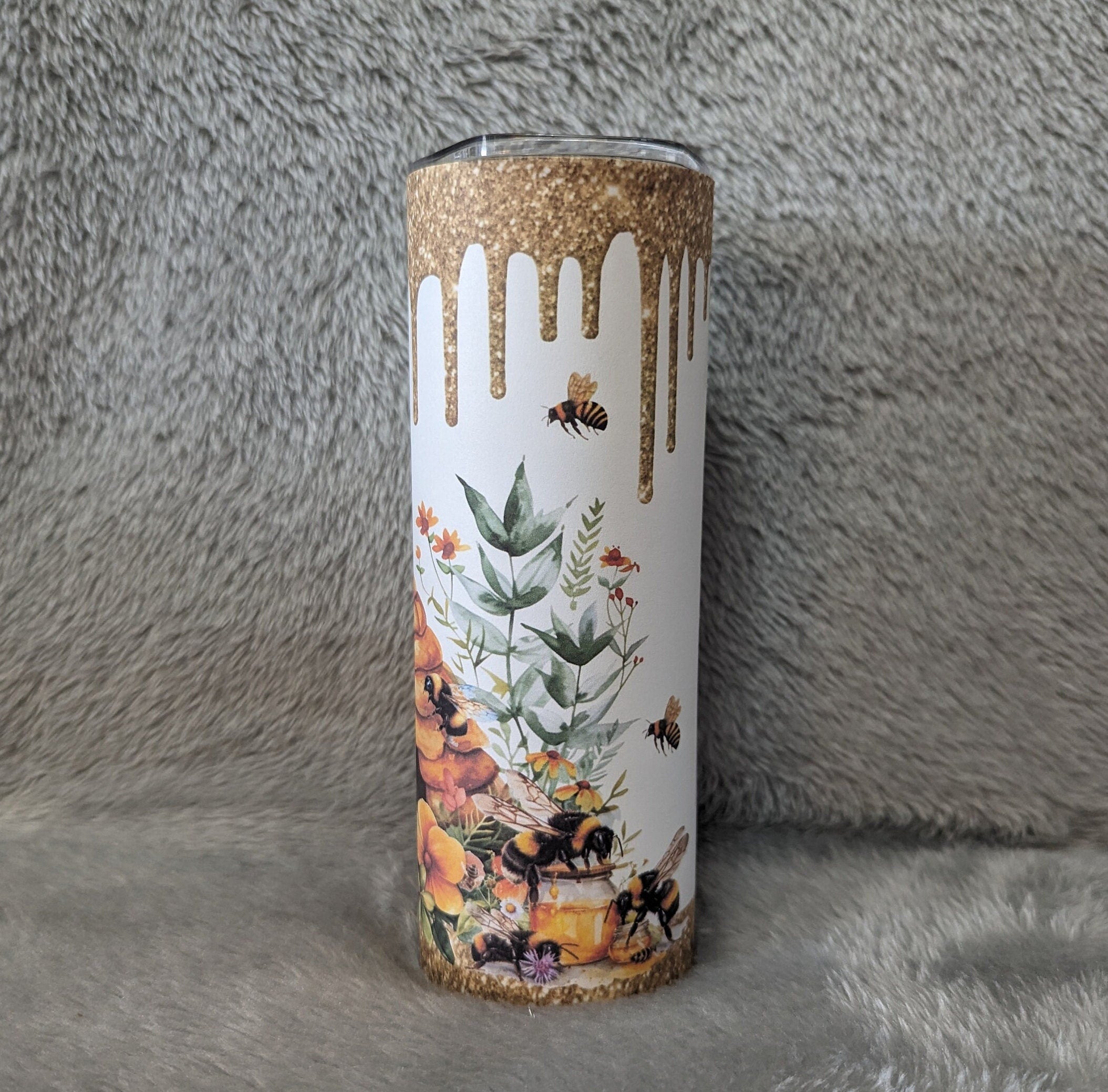 Bee Tumbler With A Glitter Design 20oz With Reusable Straw, Can Be Personalized