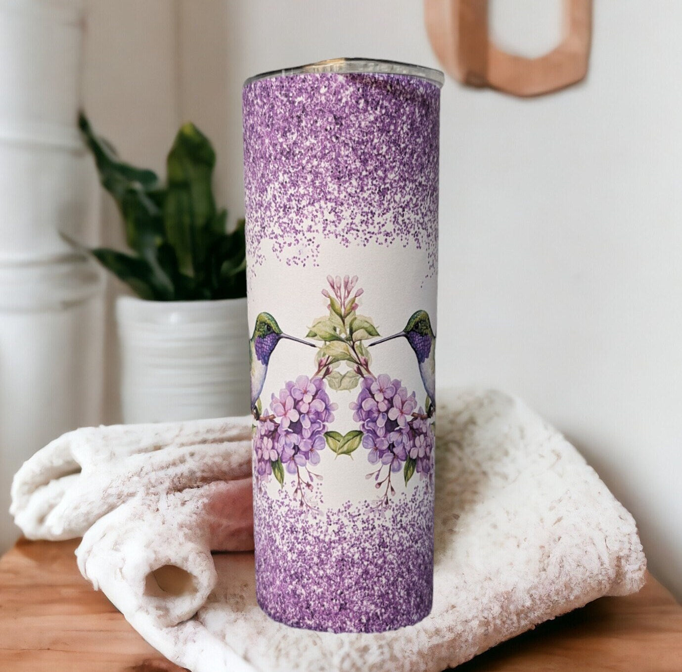 Hummingbird Tumbler with A Purple Glitter Design  20oz With Reusable Straw, Can Be Personalized