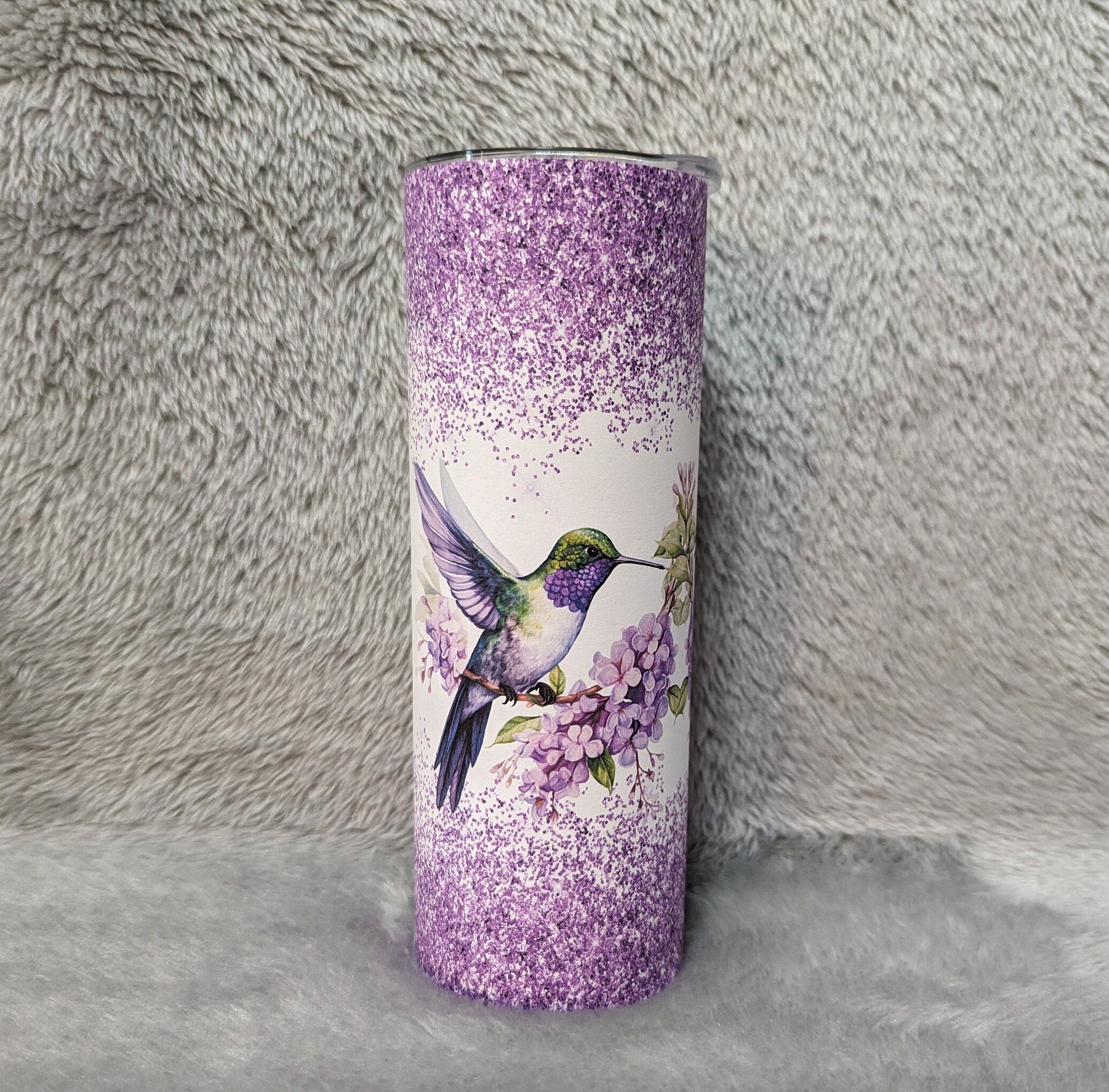 Hummingbird Tumbler with A Purple Glitter Design  20oz With Reusable Straw, Can Be Personalized