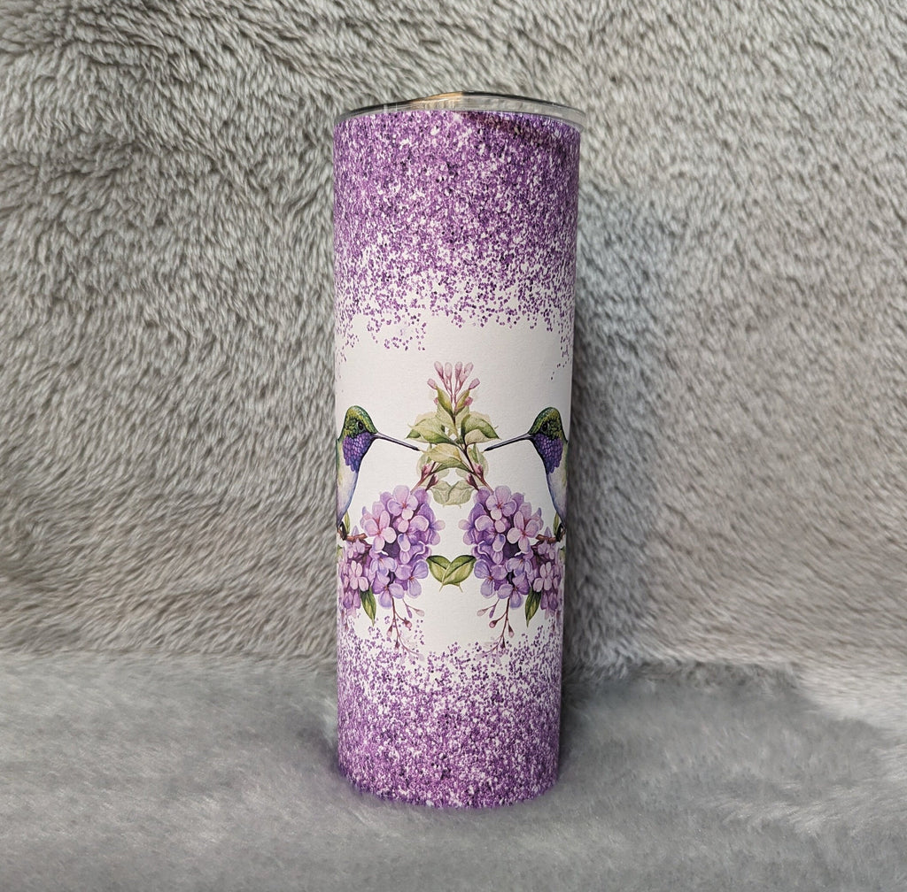 Hummingbird Tumbler with A Purple Glitter Design  20oz With Reusable Straw, Can Be Personalized