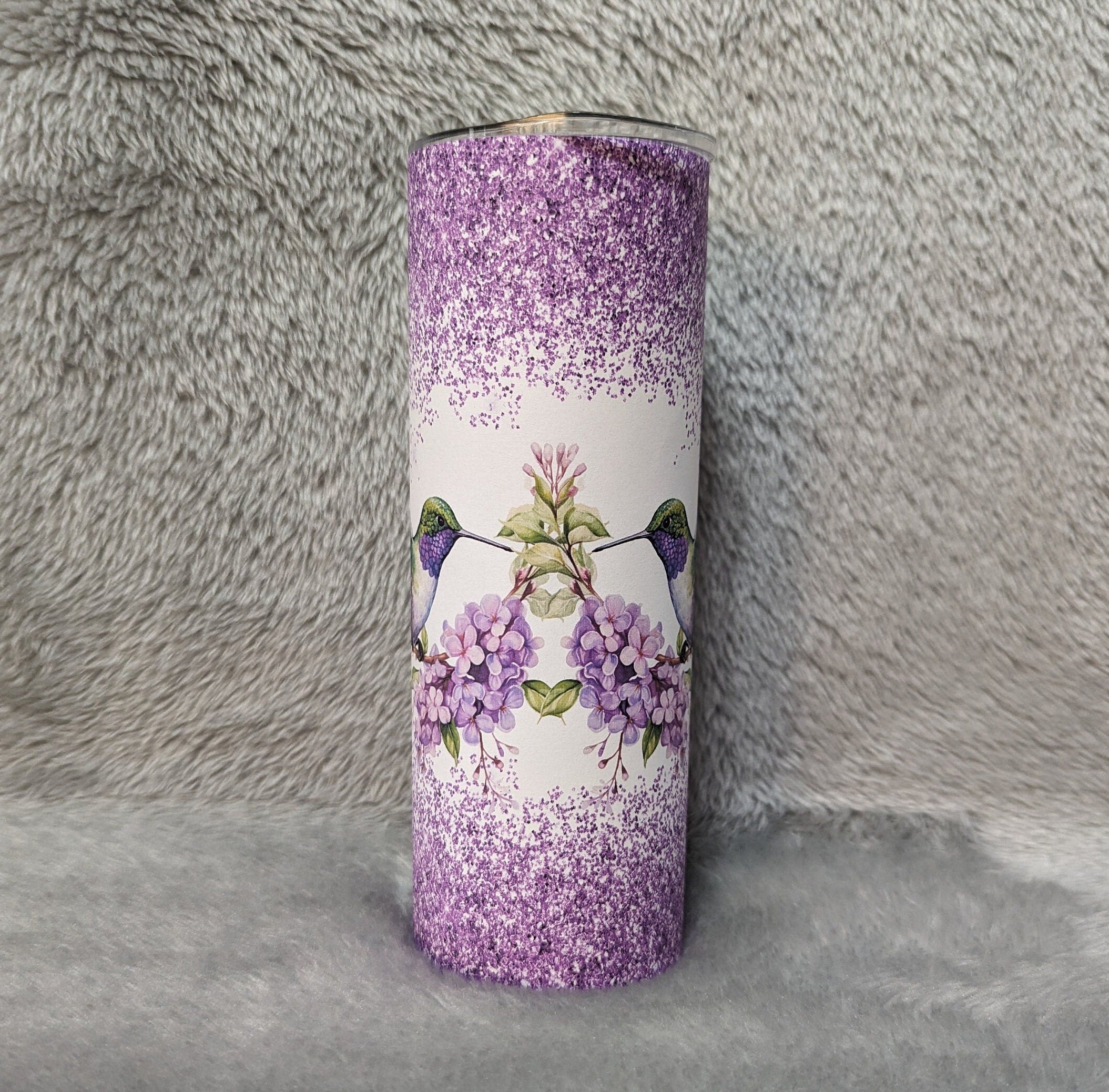 Hummingbird Tumbler with A Purple Glitter Design  20oz With Reusable Straw, Can Be Personalized