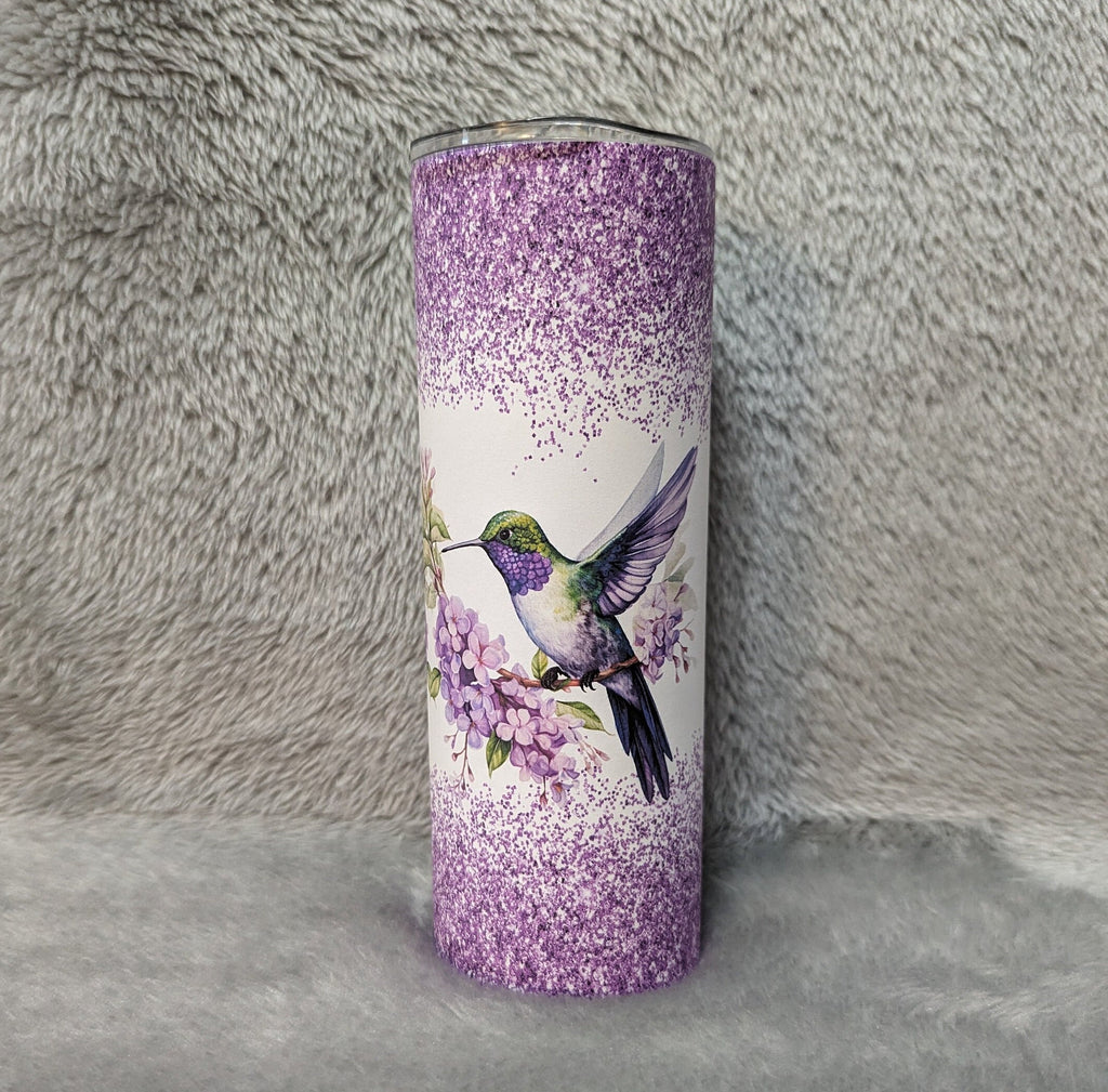 Hummingbird Tumbler with A Purple Glitter Design  20oz With Reusable Straw, Can Be Personalized