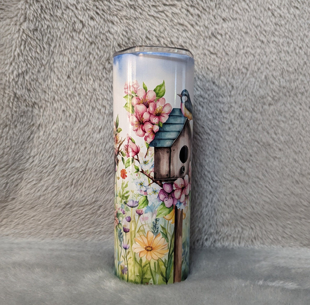 Floral Bird Tumbler 20oz With Reusable Straw, Can Be Personalized