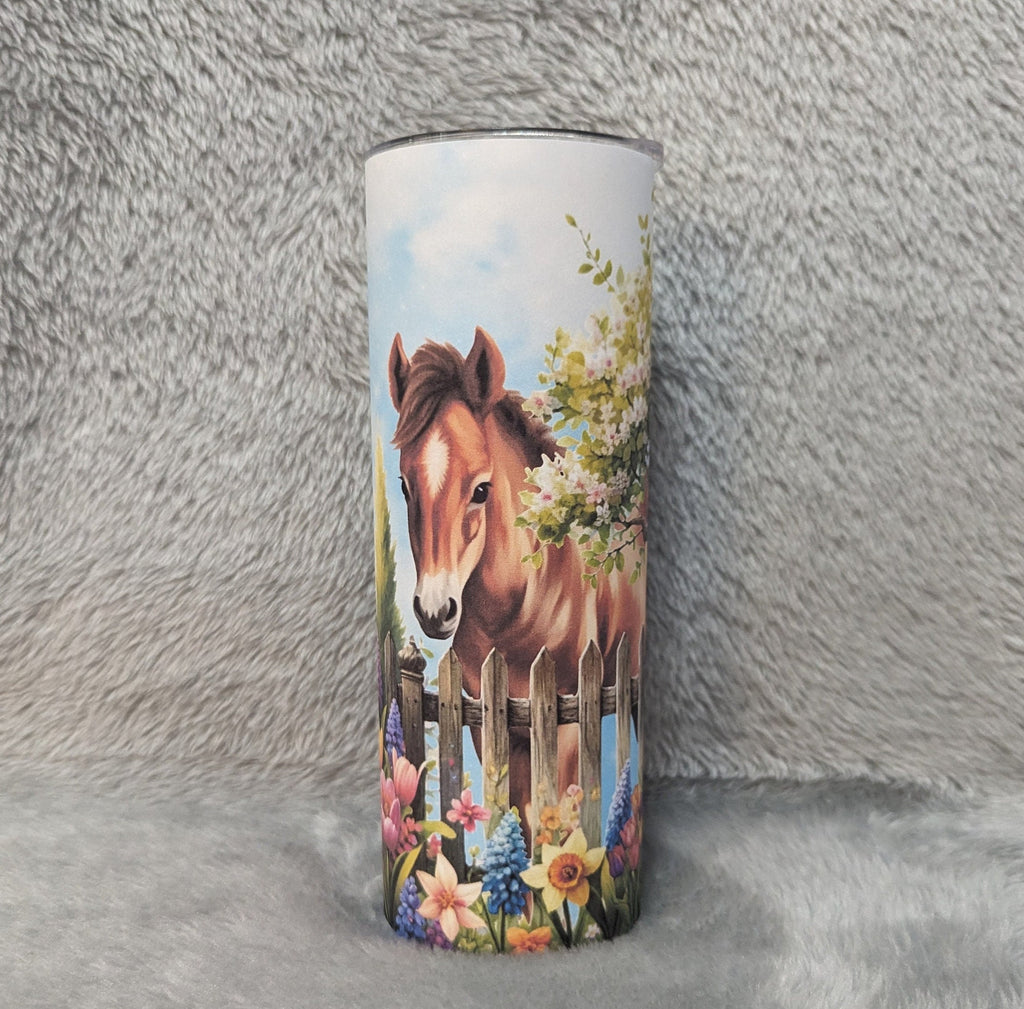 Horse - Pony Tumbler With Pretty Flowers 20oz With Reusable Straw, Can Be Personalized
