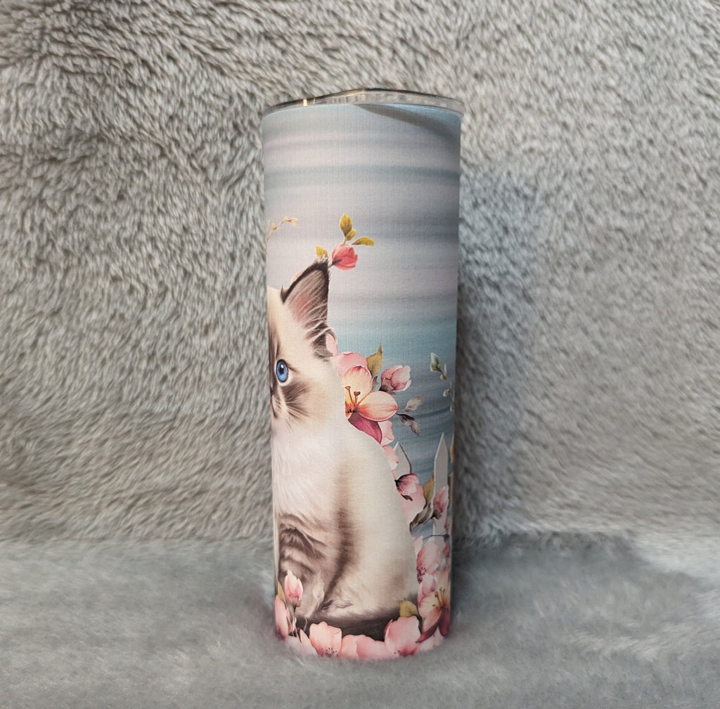 Siamese Kitten - Cat Tumbler With Flowers 20oz With Reusable Straw, Can Be Personalized