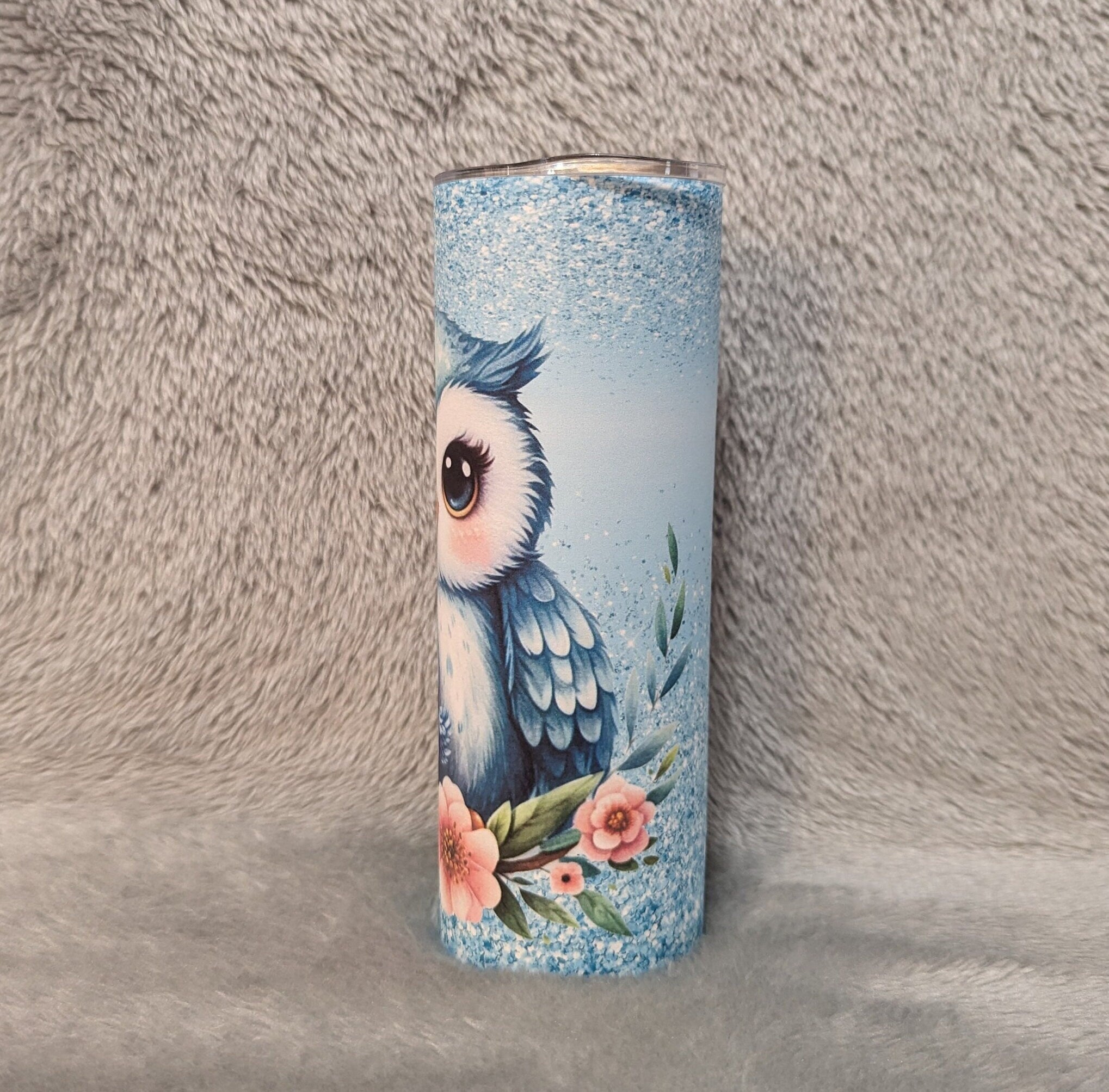 Blue Owl Tumbler with A Glitter Design and Reusable Straw - Can Be Personalized, Cup With Name, Owl Gift, 20oz Tumbler For Hot Or Cold Drink