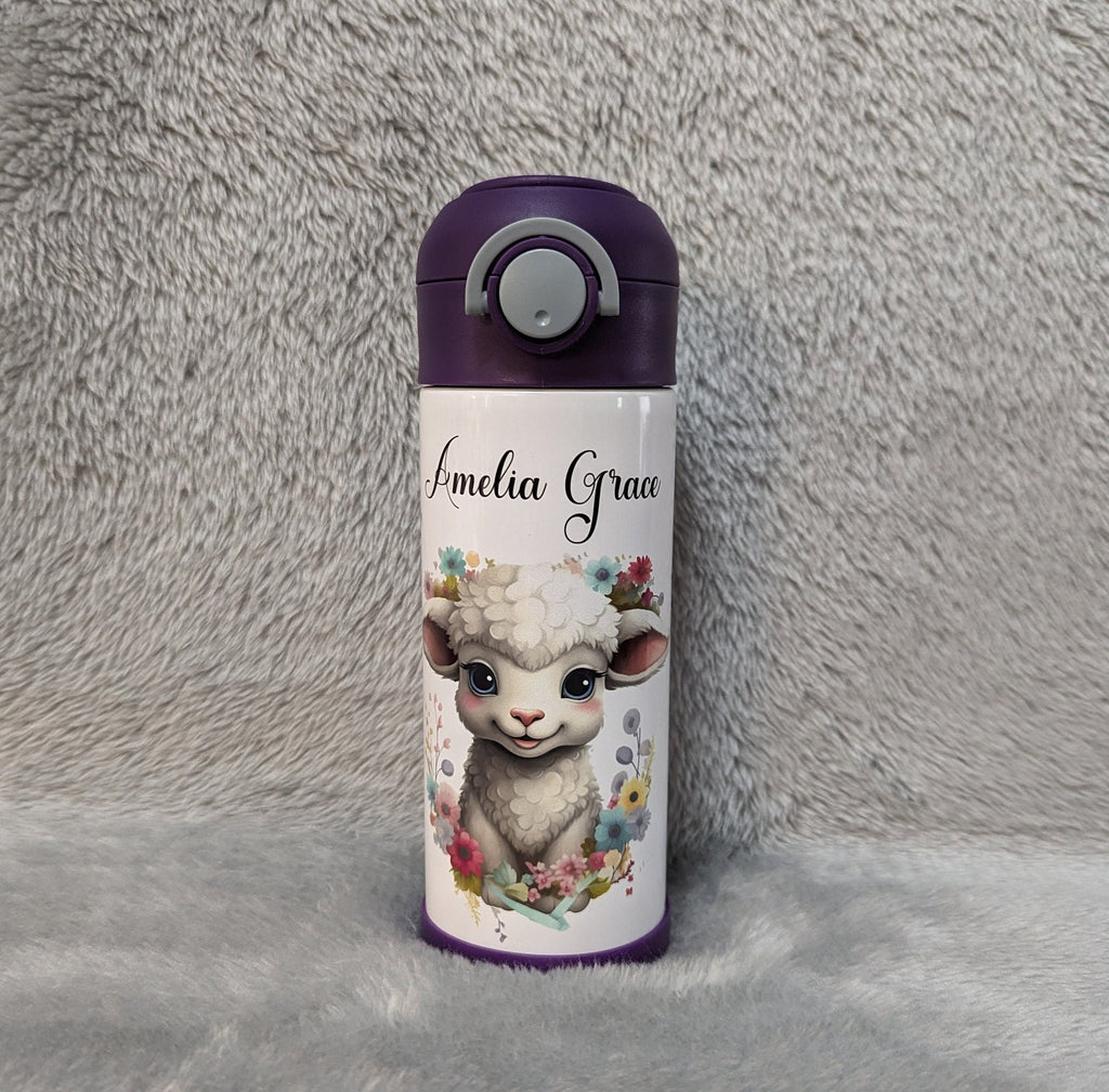 Adorable Kids Lamb Water Bottle 12oz With Reusable Straw Can Be Personalized