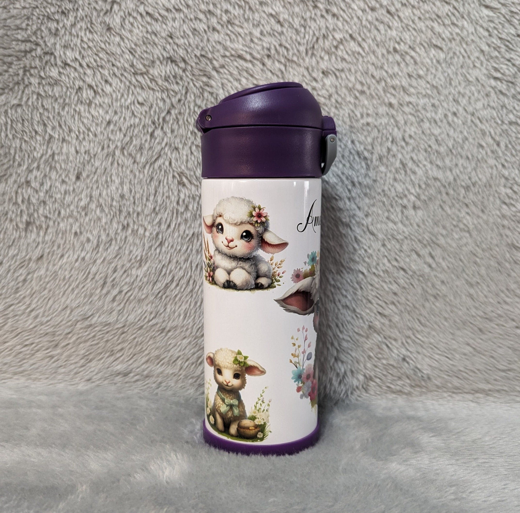 Adorable Kids Lamb Water Bottle 12oz With Reusable Straw Can Be Personalized