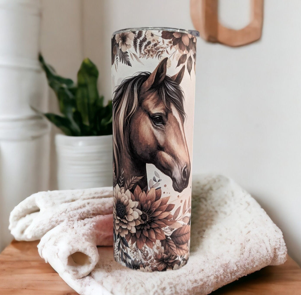 Pretty Horse Tumbler with Boho Flowers - Perfect Gift for Animal Lovers, Can Be Personalized, Cup With Name, Horse Lover Gift For Her, 20oz