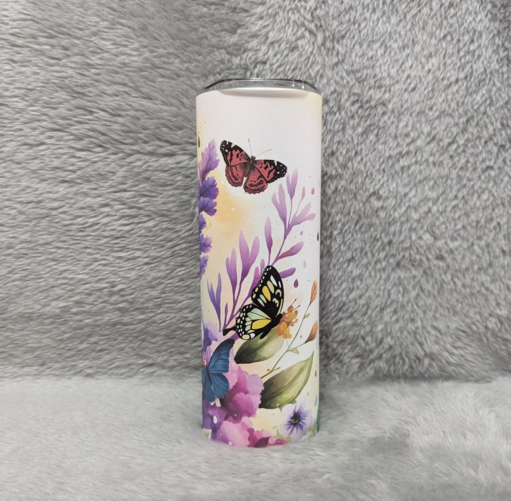 Colorful Butterflies and Flowers Tumbler with Reusable Straw, Cup With Name, 20oz Tumbler, Butterfly Lovers Gift For Her